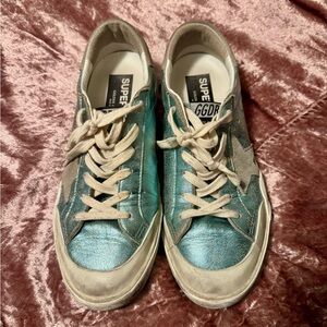 Golden Goose Metallic Napa Leather Sneakers in Teal Size 9.